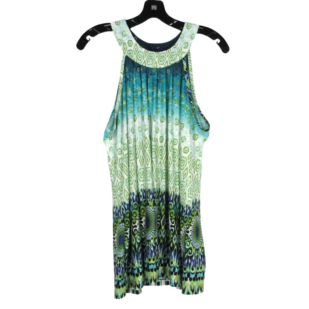 COCOMO Blue/Green POLY-KNIT Geometric SLEEVELESS HALTER NECK Tank Top/Blouse XL